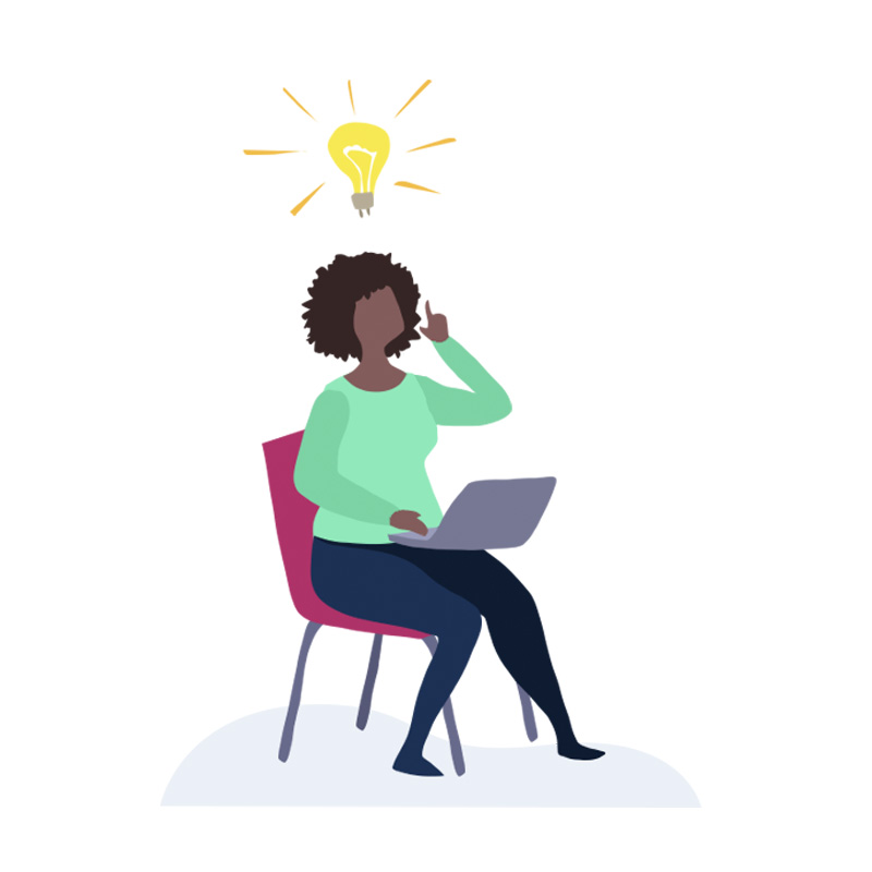 An illustrated figure sits on a chair with a laptop open on her lap. She is holding a phone to her ear and above her head a lightbulb symbol is flashing.